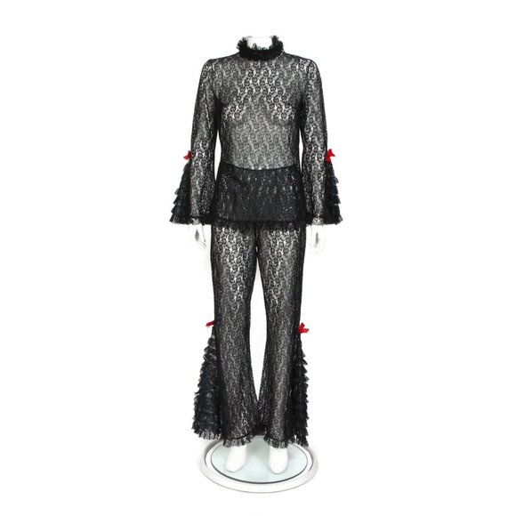 Vtg 70s Sheer Black Lace Bell Sleeve Top Bellbottom Pant Lingerie Set sz M /471 - Picture 1 of 16